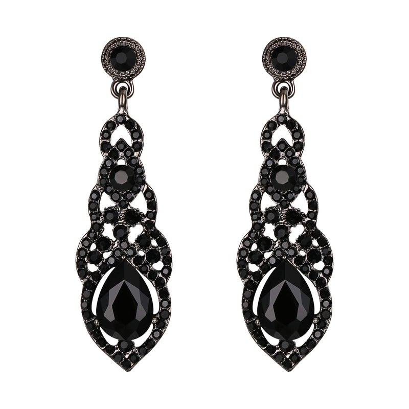 BriLove Wedding Bridal Dangle Earrings for Women Crystal Art Deco Teardrop Hollow Chandelier Jewelry Black Black-Silver-Tone - Image 1